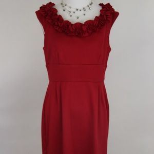 LONDON TIMES Red Ruffle Neckline Sleeveless Dress
